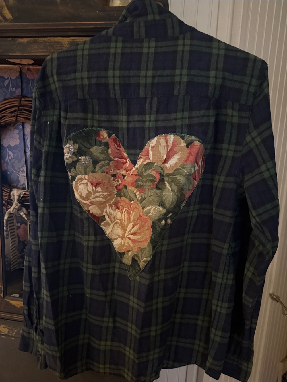 Plaid Flannel Shirt with Floral Heart Patch - Navy & Green